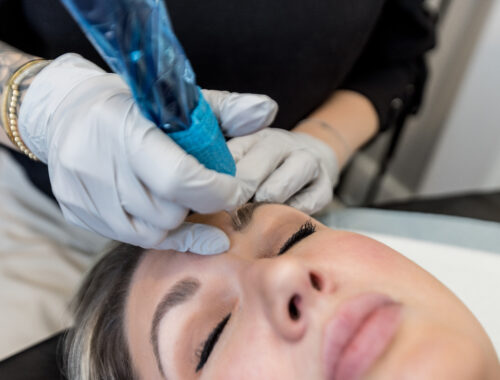 Women getting nanobrow - eyebrow tattoo- permanent makeup at Urban Oasis Nashville