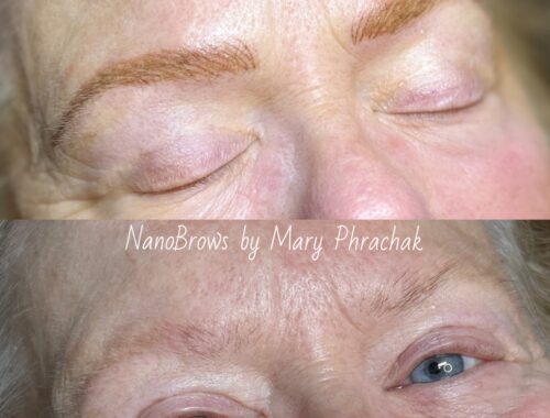 A woman showing her natural, perfectly shaped NanoBrows after a permanent makeup session at Urban Oasis Nashville. Her brows look soft, defined, and realistic, showcasing the precision of the NanoBrow technique.